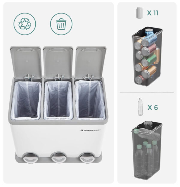 SONGMICS Acél hulladékgyűjtő 3 rekeszes szelektív gyűjtéssel, belső vödrökkel, 3x8 literes, fehér és szürke - Image 5
