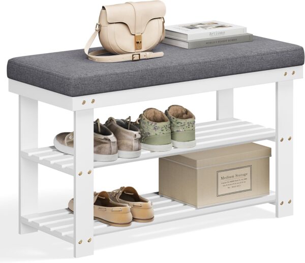 SONGMICS Bambusz cipőpad, 2 szintes, párnával, terhelés 150 kg, 71x29x49 cm, fehér és szürke - Image 2