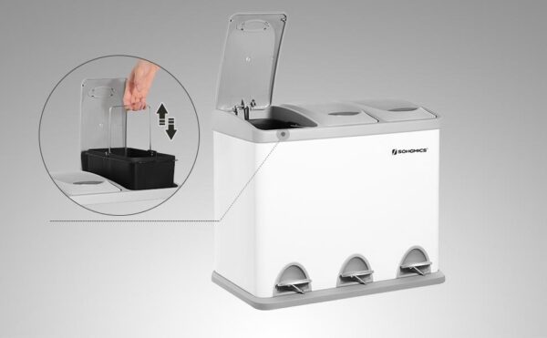 SONGMICS Acél hulladékgyűjtő 3 rekeszes szelektív gyűjtéssel, belső vödrökkel, 3x8 literes, fehér és szürke - Image 2
