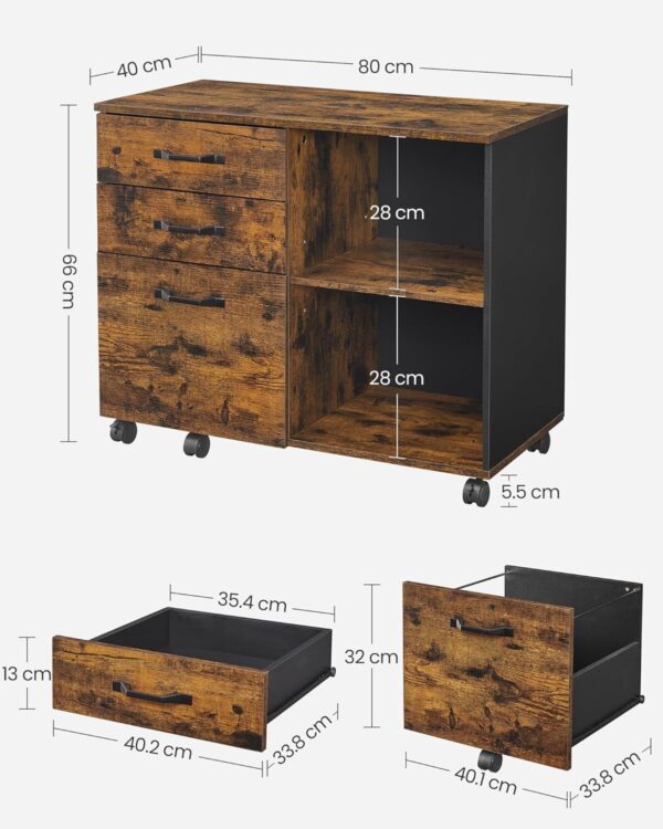 VASAGLE Rollbox mobil szekrény irodába, fiókos irattartó sínnel, ipari stílusú, 40x80x66 cm, rusztikus barna - Image 4