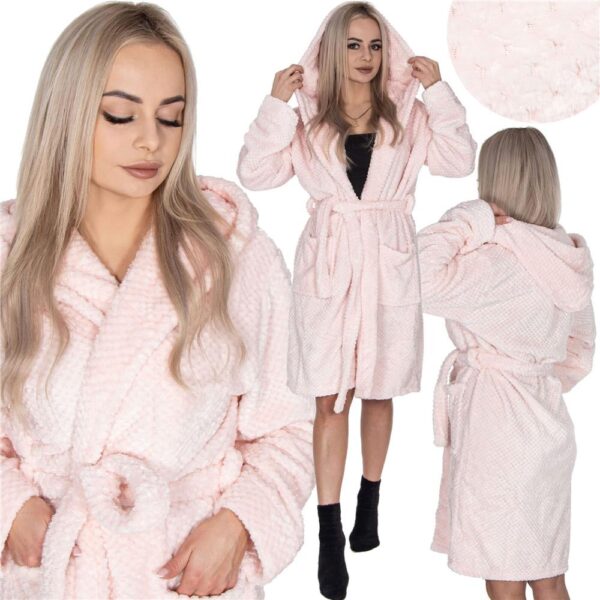 Női térdig érő fürdőköpeny kapucnival, L/XL méret, rózsaszín - Image 4