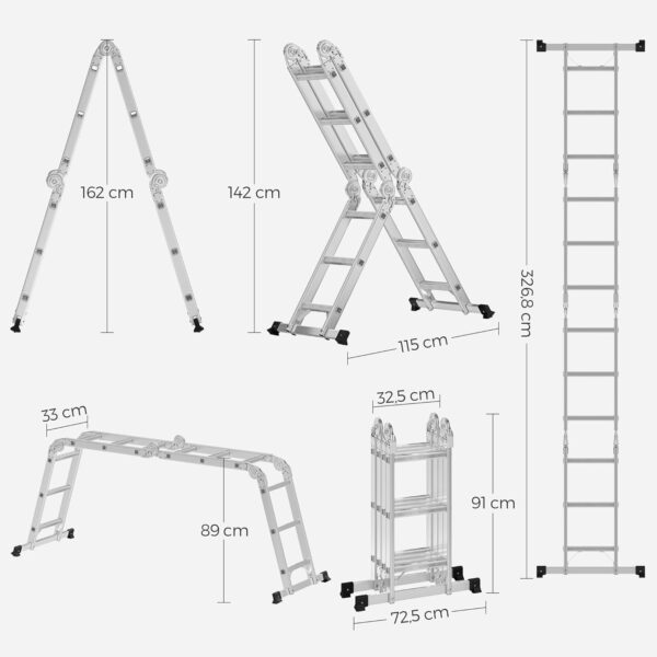 SONGMICS Multifunkciós alumínium létra, 2 platformlappal, 12 lépcsőfok, 150 kg teherbírás, szürke - Image 3
