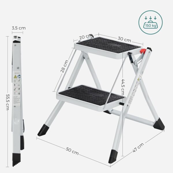 SONGMICS Összecsukható létra 2 lépcsővel, teherbírás 150 kg, acél, 50x60x44 cm, fehér és fekete - Image 4