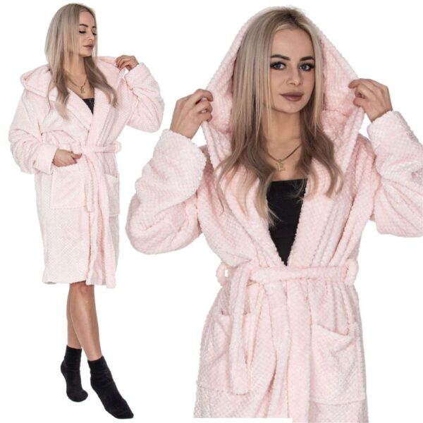 Női térdig érő fürdőköpeny kapucnival, L/XL méret, rózsaszín - Image 5