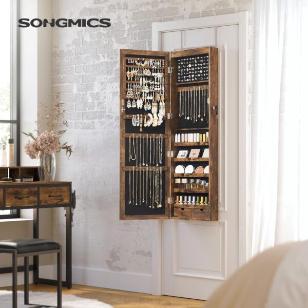 SONGMICS Ékszer szekrény tükörrel, MDF, falra szerelhető, 37x10x120 cm, rusztikus barna - Image 4
