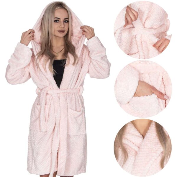 Női térdig érő fürdőköpeny kapucnival, L/XL méret, rózsaszín - Image 6