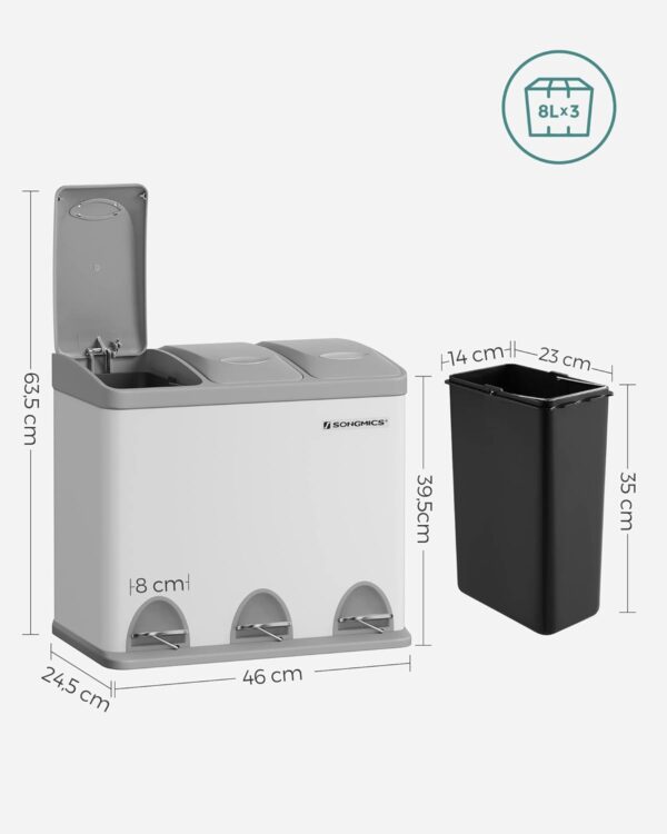SONGMICS Acél hulladékgyűjtő 3 rekeszes szelektív gyűjtéssel, belső vödrökkel, 3x8 literes, fehér és szürke - Image 6