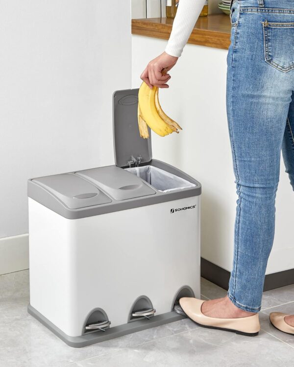 SONGMICS Acél hulladékgyűjtő 3 rekeszes szelektív gyűjtéssel, belső vödrökkel, 3x8 literes, fehér és szürke - Image 7