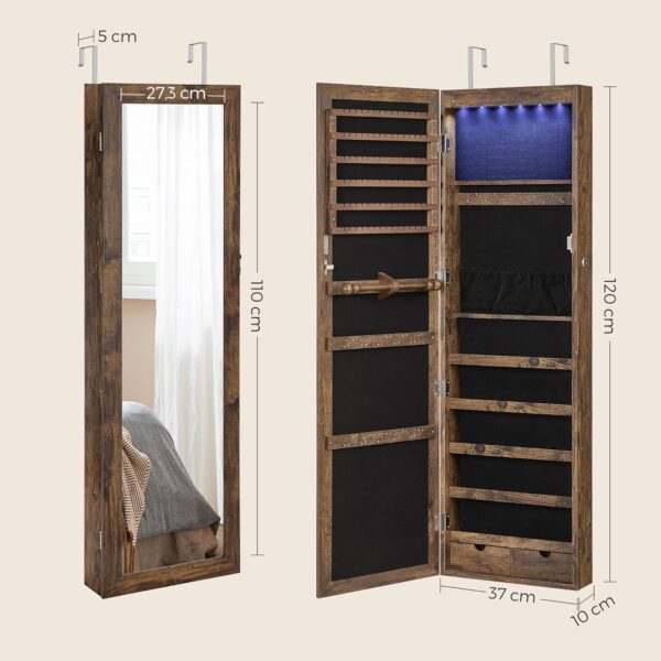 SONGMICS Ékszer szekrény tükörrel, MDF, falra szerelhető, 37x10x120 cm, rusztikus barna - Image 6