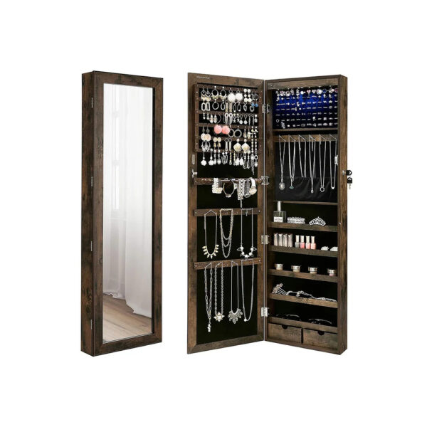 SONGMICS Ékszer szekrény tükörrel, MDF, falra szerelhető, 37x10x120 cm, rusztikus barna - Image 12