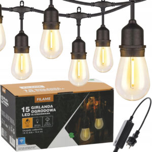 Kültéri dekoratív fényfüzér, hálózatról táplált, 15 méter, 15 db LED izzó meleg fényű 3000K, IP44, alkalmazáson keresztüli vezérléssel