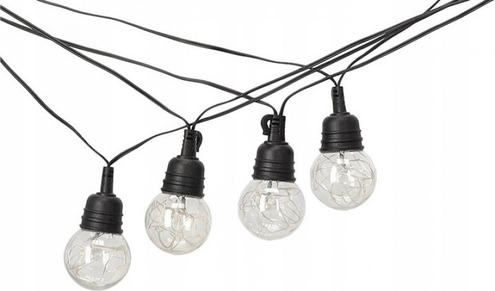 Kültéri dekoratív fényfüzér, hálózatról táplált, 10 méter, 10 db LED izzó meleg fényű 3000K, IP44