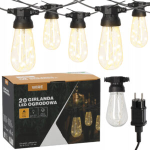 Kültéri dekoratív fényfüzér, hálózatról táplált, 20 méter, 20 db LED izzó meleg fényű 3000K, IP44