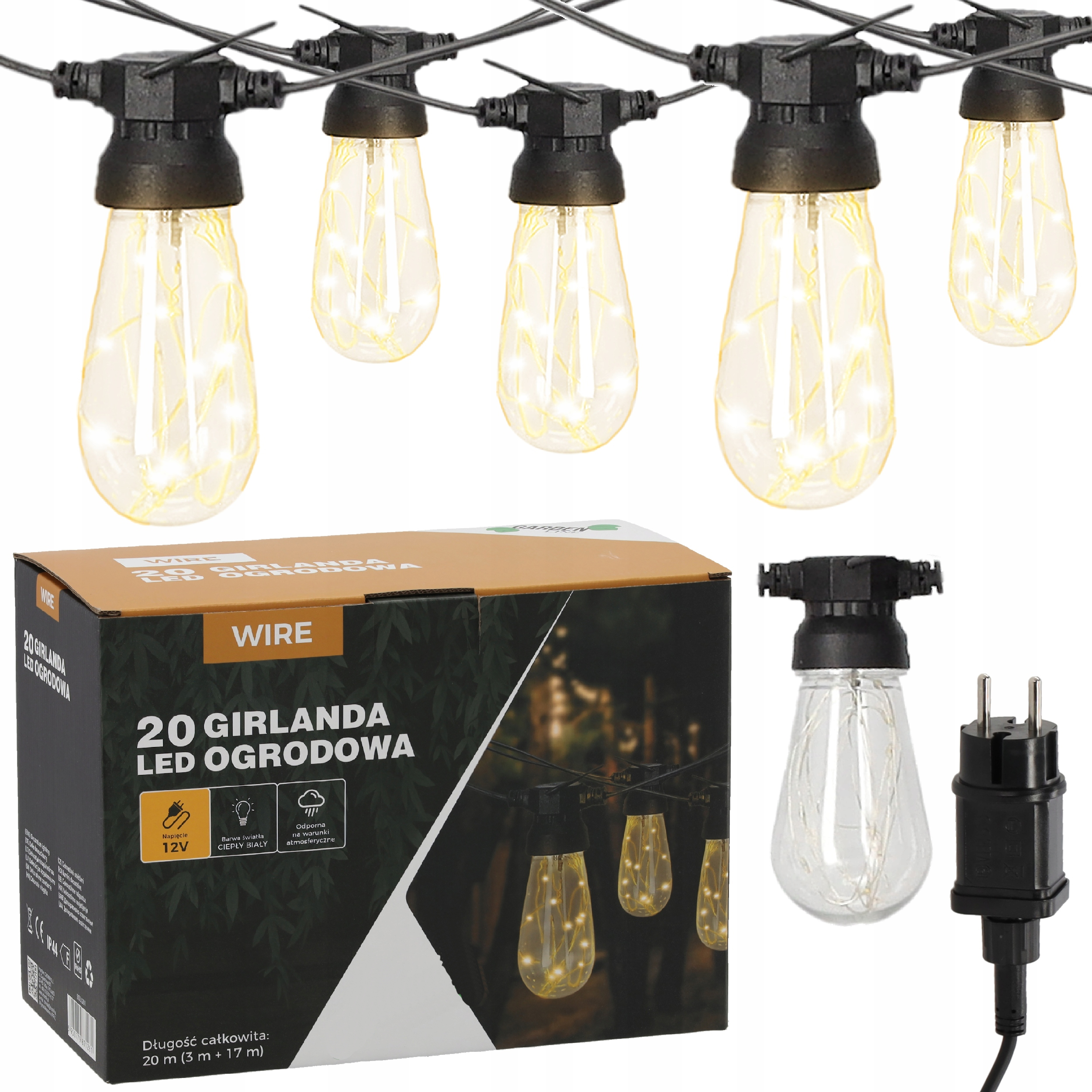 Kültéri dekoratív fényfüzér, hálózatról táplált, 20 méter, 20 db LED izzó meleg fényű 3000K, IP44