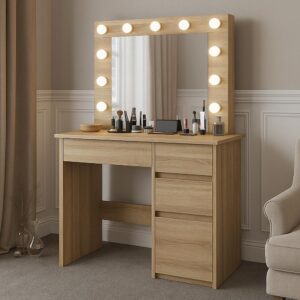 Hollywood smink- és toalettasztal LED tükörrel és 4 fiókkal, 94x43x140 cm, tölgy