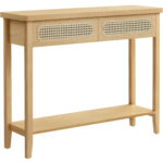 VASAGLE Előszobai konzolasztal, 2 fiókkal, nyitott polccal, lekerekített sarkokkal, bohó stílusban, MDF és PVC rattan, 100x30x80 cm, tölgy–bézs
