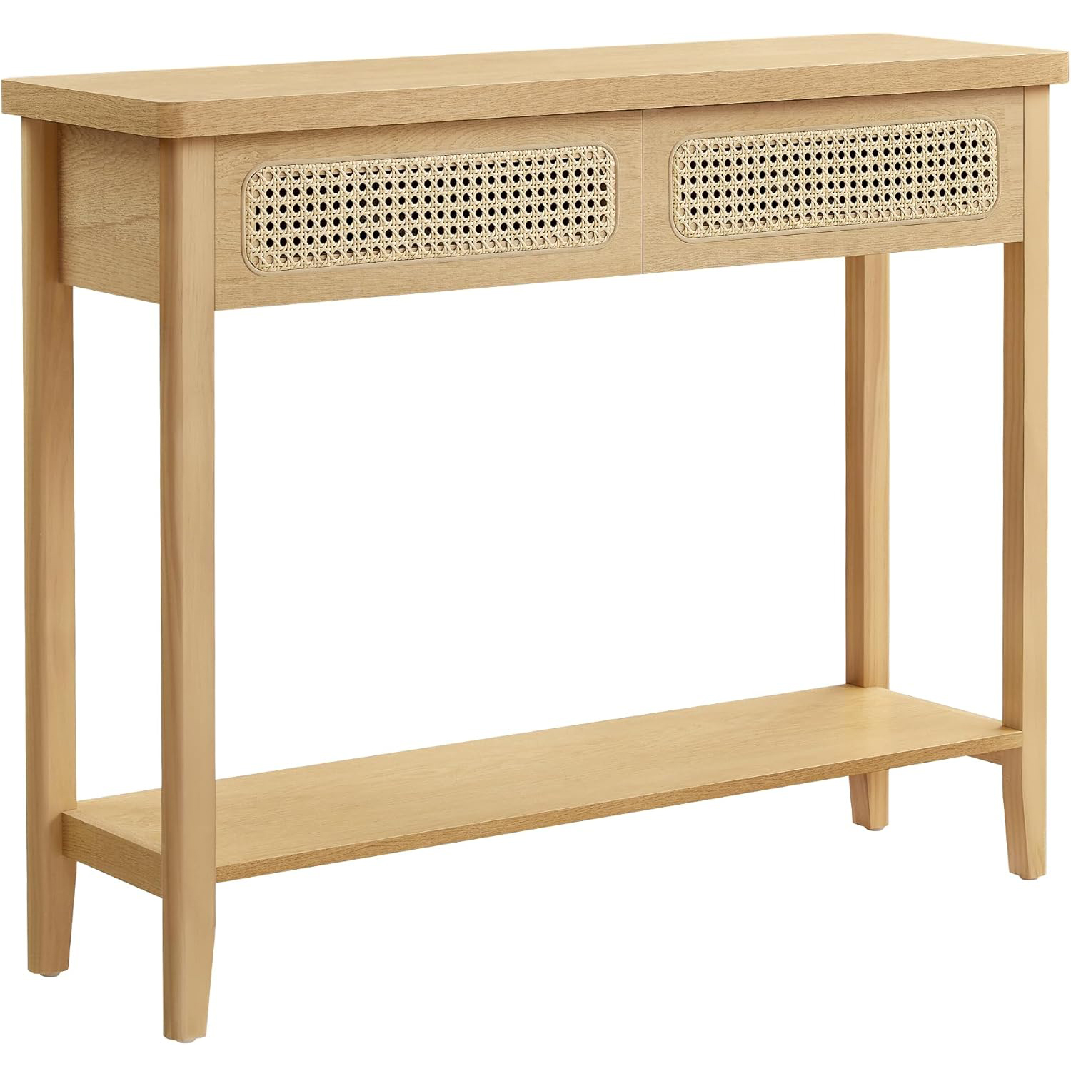 VASAGLE Előszobai konzolasztal, 2 fiókkal, nyitott polccal, lekerekített sarkokkal, bohó stílusban, MDF és PVC rattan, 100x30x80 cm, tölgy–bézs