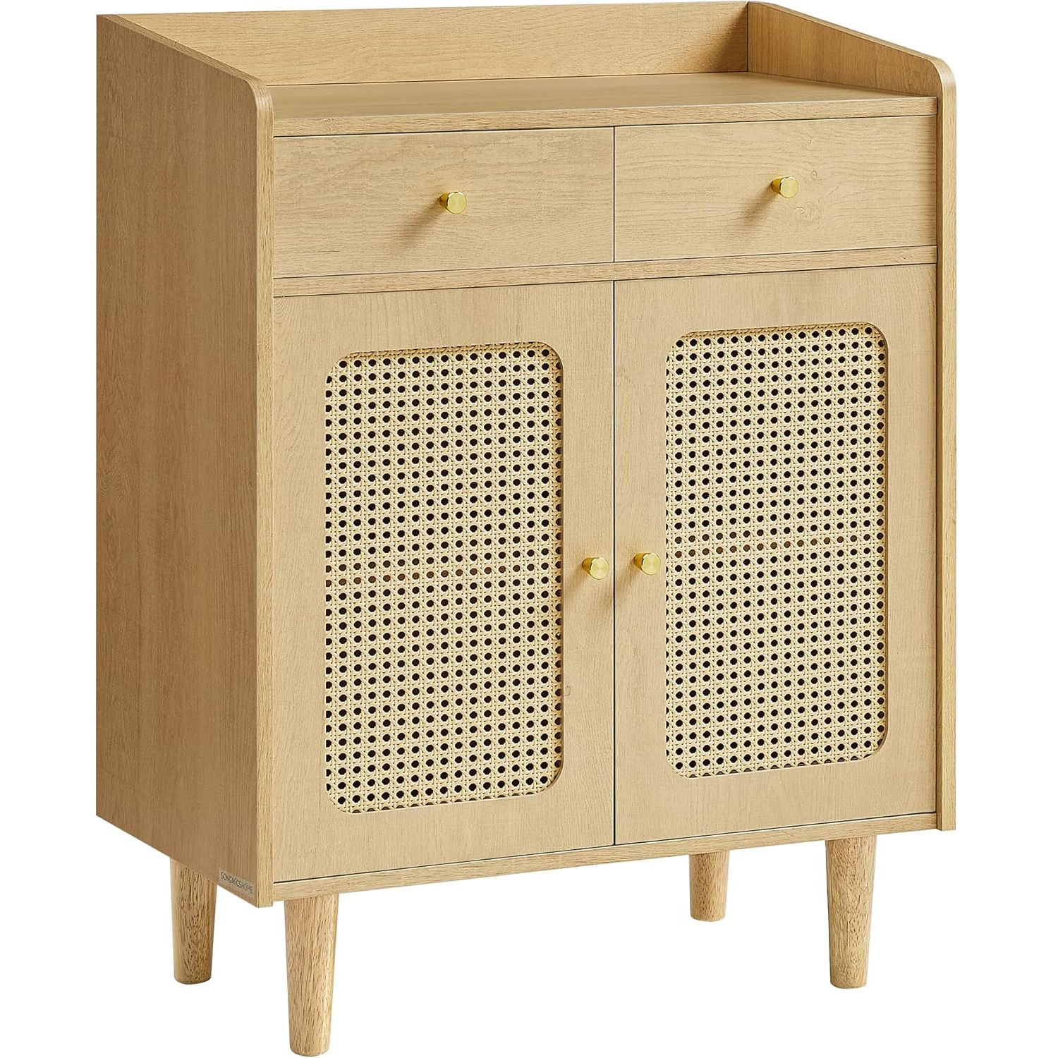SONGMICS szekrény 70 × 40 × 90 cm, 2 fiókkal, állítható polccal és dupla ajtóval, MDF és tömörfa, boho stílus, bézs tölgy