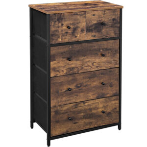 SONGMICS Komód 5 fiókkal 56x30x89 cm, fémvázzal és MDF fedlappal, fa fogantyúkkal, rusztikus barna és fekete színű