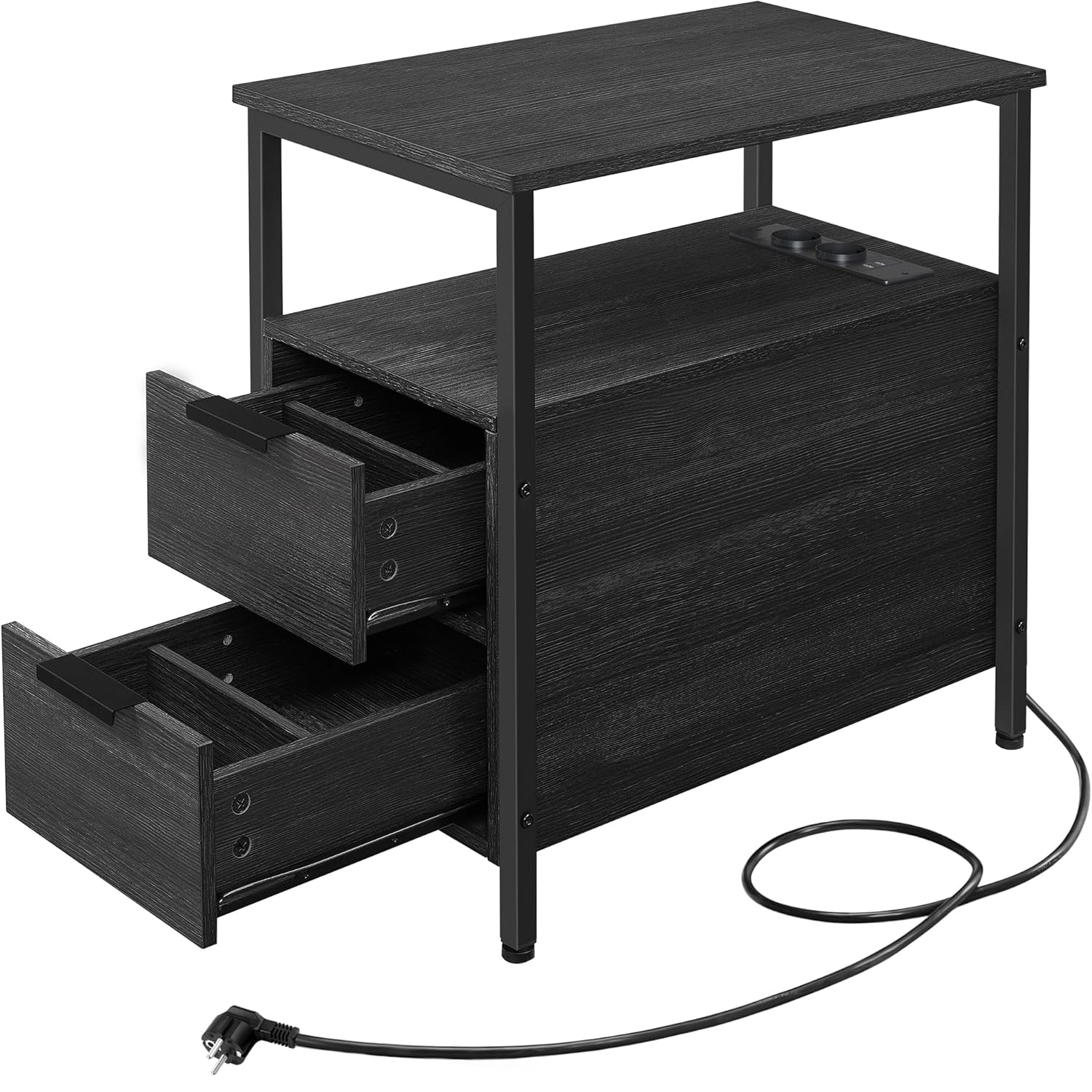 VASAGLE éjjeliszekrény 60×35×61 cm, 2 fiókkal, polcokkal és beépített konnektorral, forgácslap és acél, antracit szürke és fekete