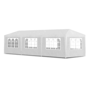 Kerti pavilon, 300x900 cm, 8 levehető oldalfallal, ablakokkal és ajtóval, fém szerkezettel, vízálló PE borítással, fehér