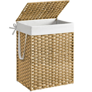 SONGMICS szennyeskosár fedéllel, szintetikus rattan és levehető belső zsák, 90 l, 46x33x60 cm, natúr