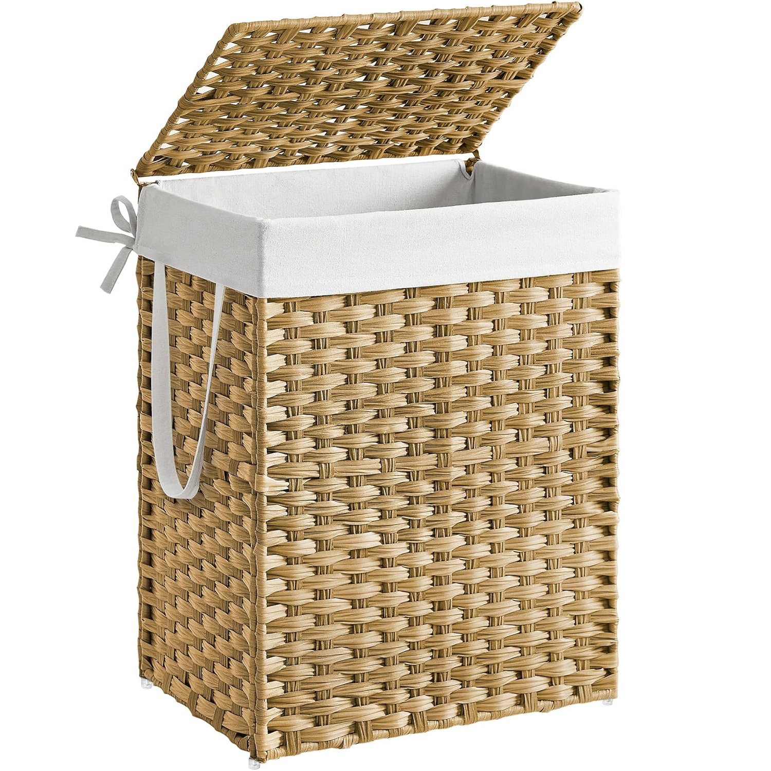 SONGMICS szennyeskosár fedéllel, szintetikus rattan és levehető belső zsák, 90 l, 46x33x60 cm, natúr