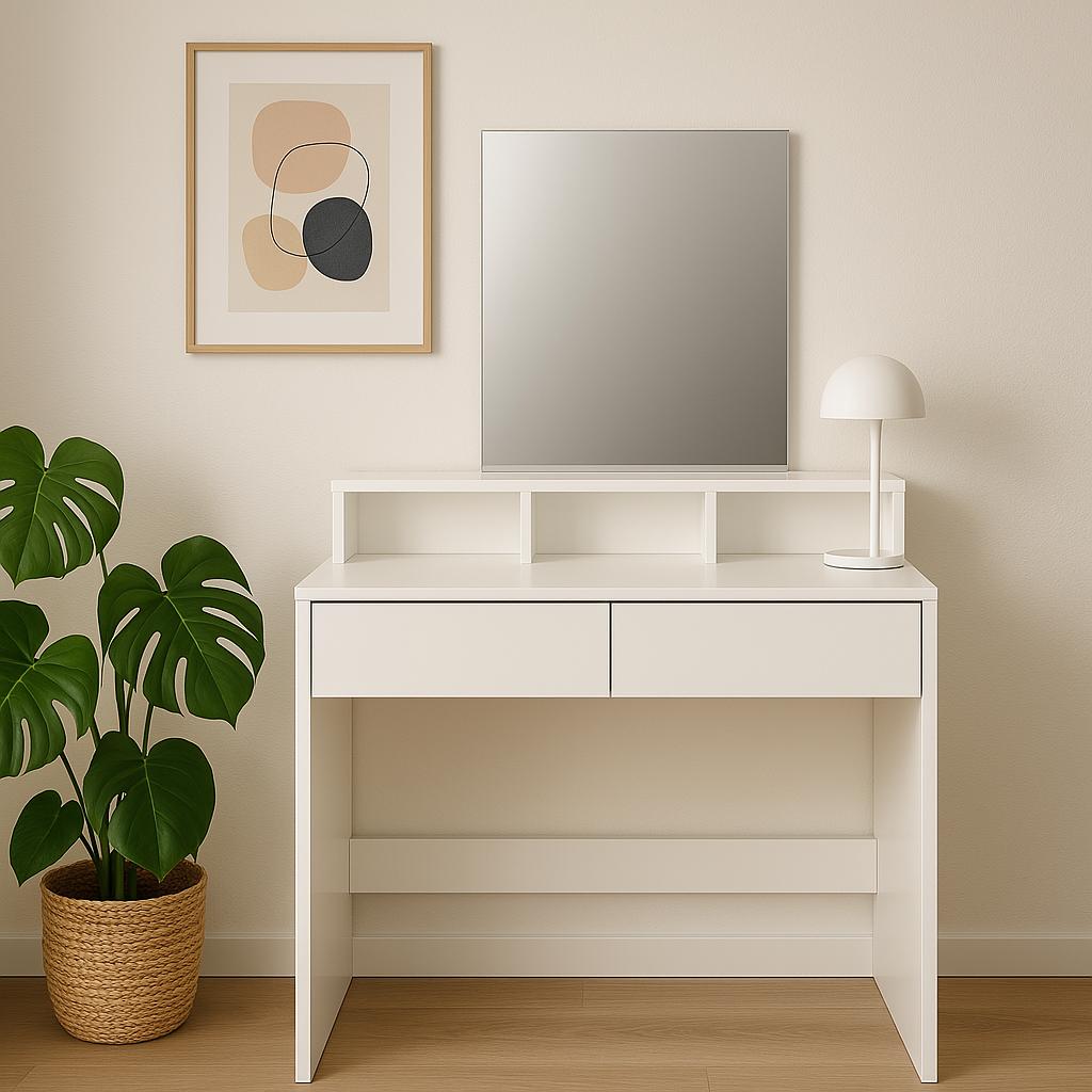 Fésülködőasztal tükörrel és 2 fiókkal, 80x40x140 cm, fehér