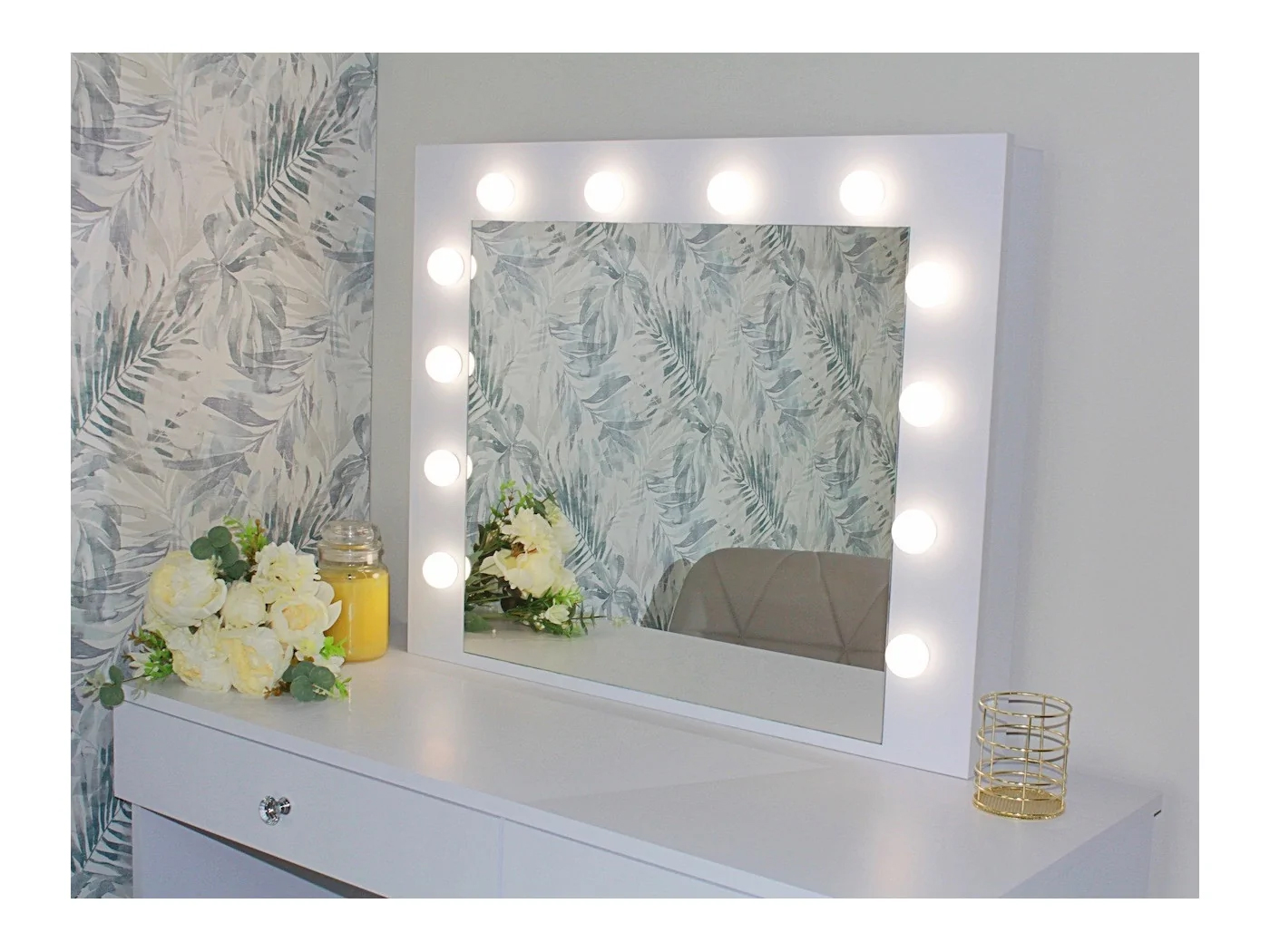 Cristal smink- és toalettasztal 12 LED izzóval, tükörrel és 5 fiókkal, 110x47x77 cm, fehér - Image 2