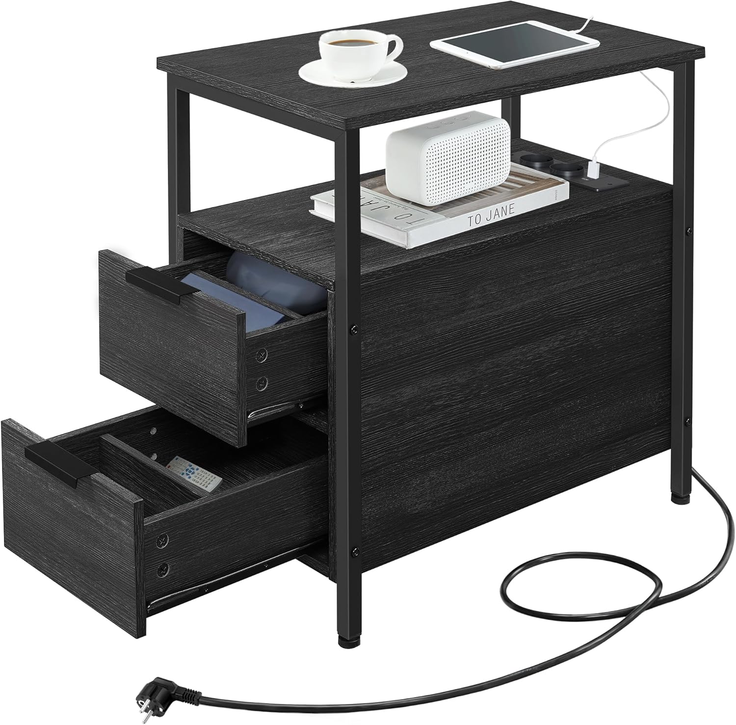 VASAGLE éjjeliszekrény 60×35×61 cm, 2 fiókkal, polcokkal és beépített konnektorral, forgácslap és acél, antracit szürke és fekete - Image 2