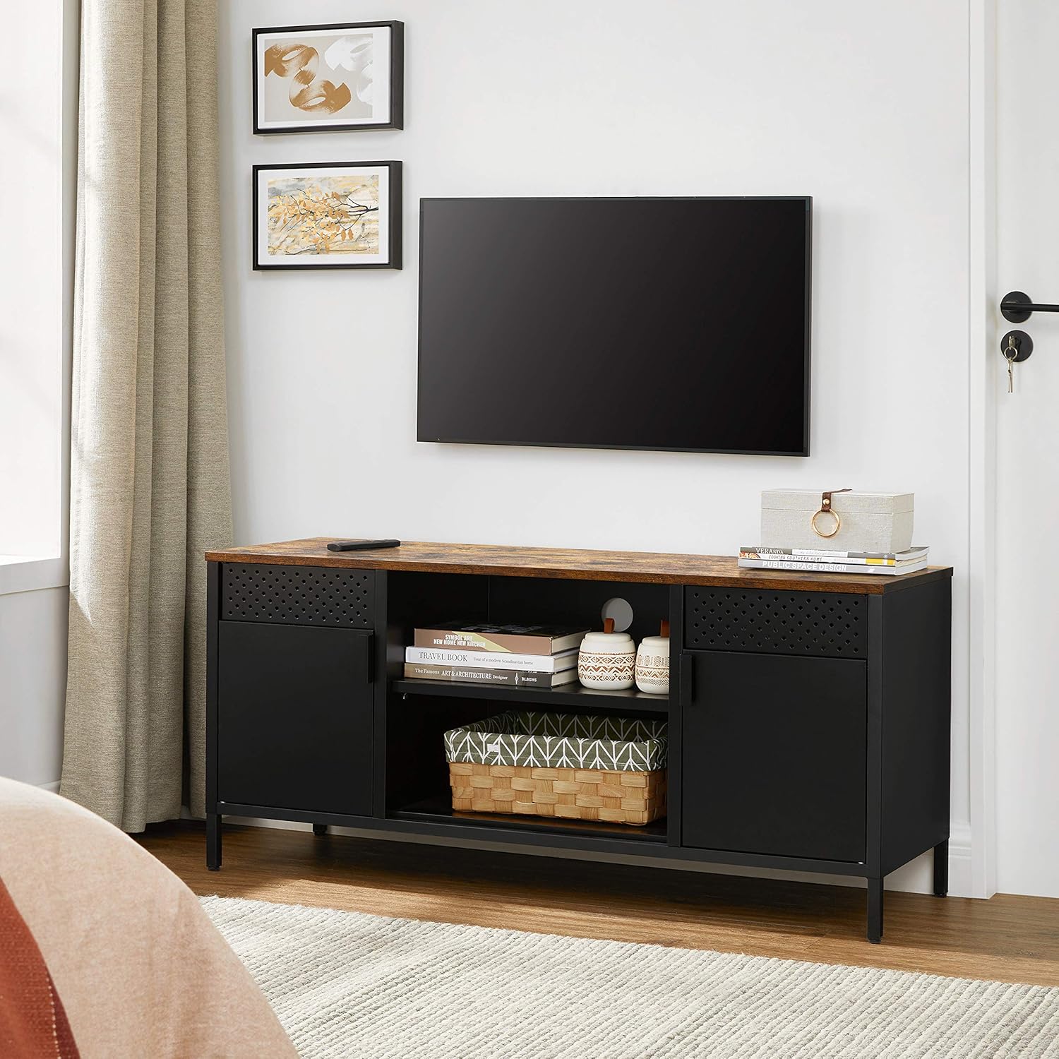 SONGMICS TV-szekrény 120×40×55 cm, 3 állítható polccal, 2 ajtóval, vintage stílus, forgácslap és acél, matt barna–fekete - Image 10