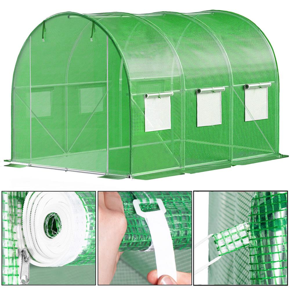 Csere fólia üvegházhoz 300 x 200 x 200 cm, PE 140 g/m² PP hálóval, UV4, 6 ablakkal és cipzáras ajtóval, zöld - Image 14