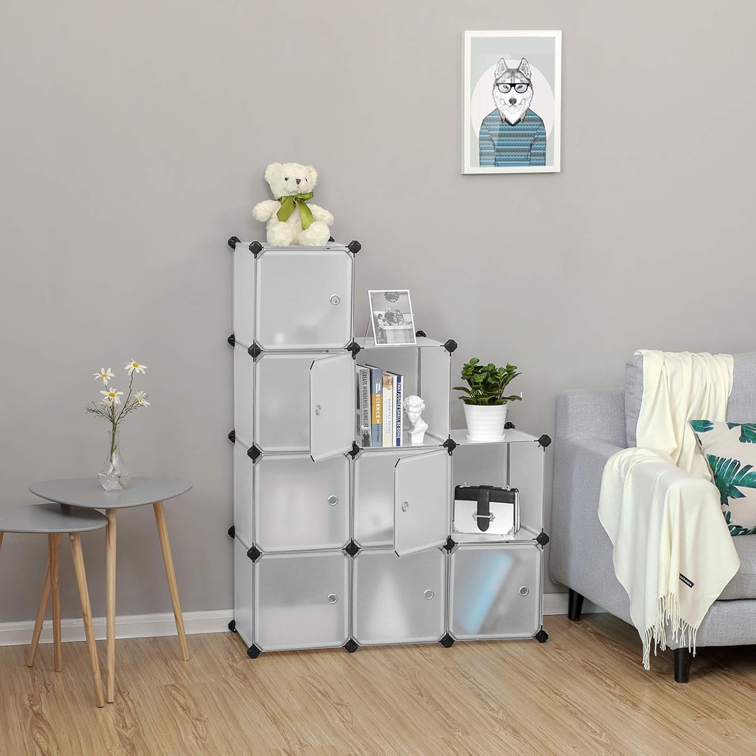 SONGMICS moduláris tárolószekrény 9 ajtós kockával, műanyag és fémváz, 93x31x93 cm, fehér - Image 2