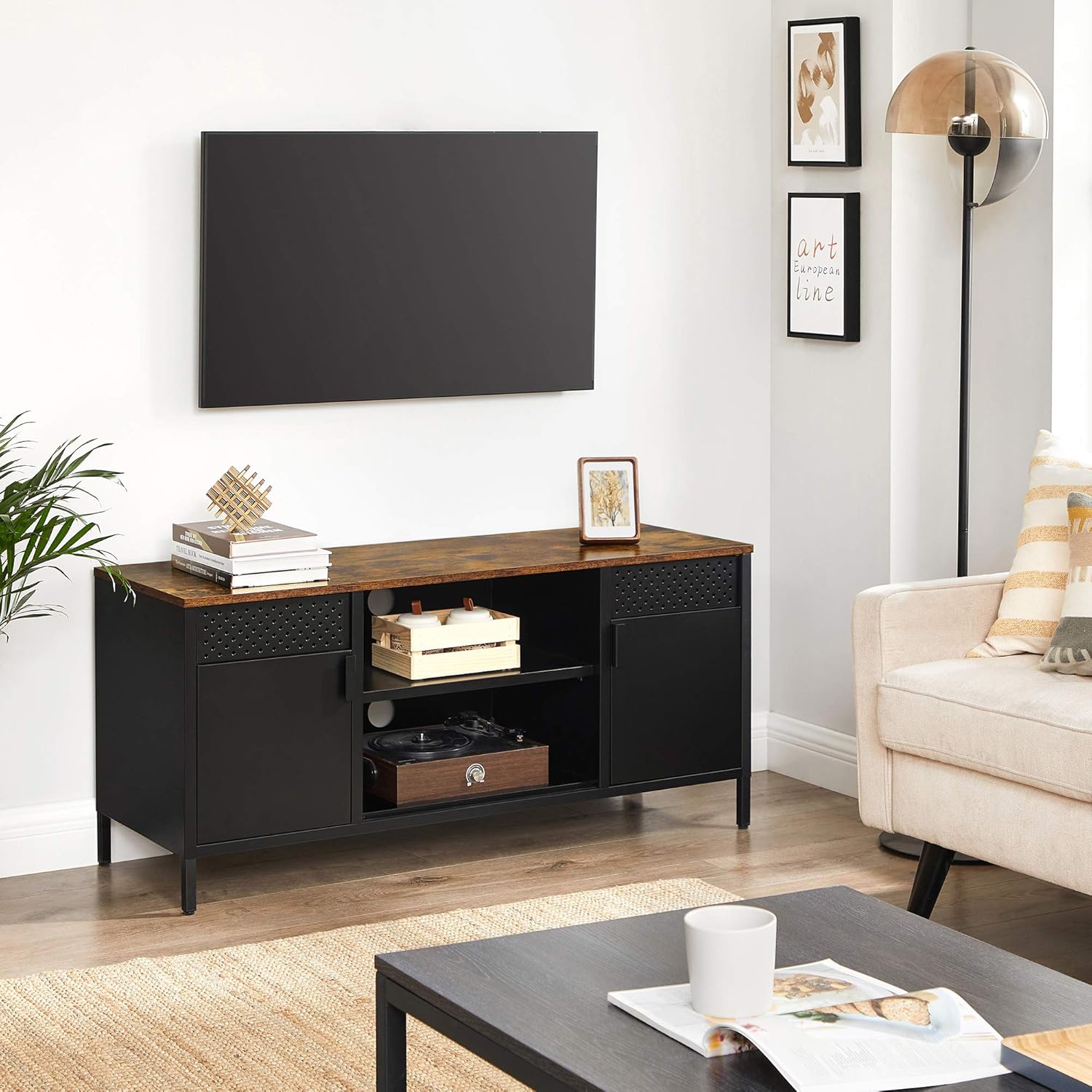 SONGMICS TV-szekrény 120×40×55 cm, 3 állítható polccal, 2 ajtóval, vintage stílus, forgácslap és acél, matt barna–fekete - Image 2