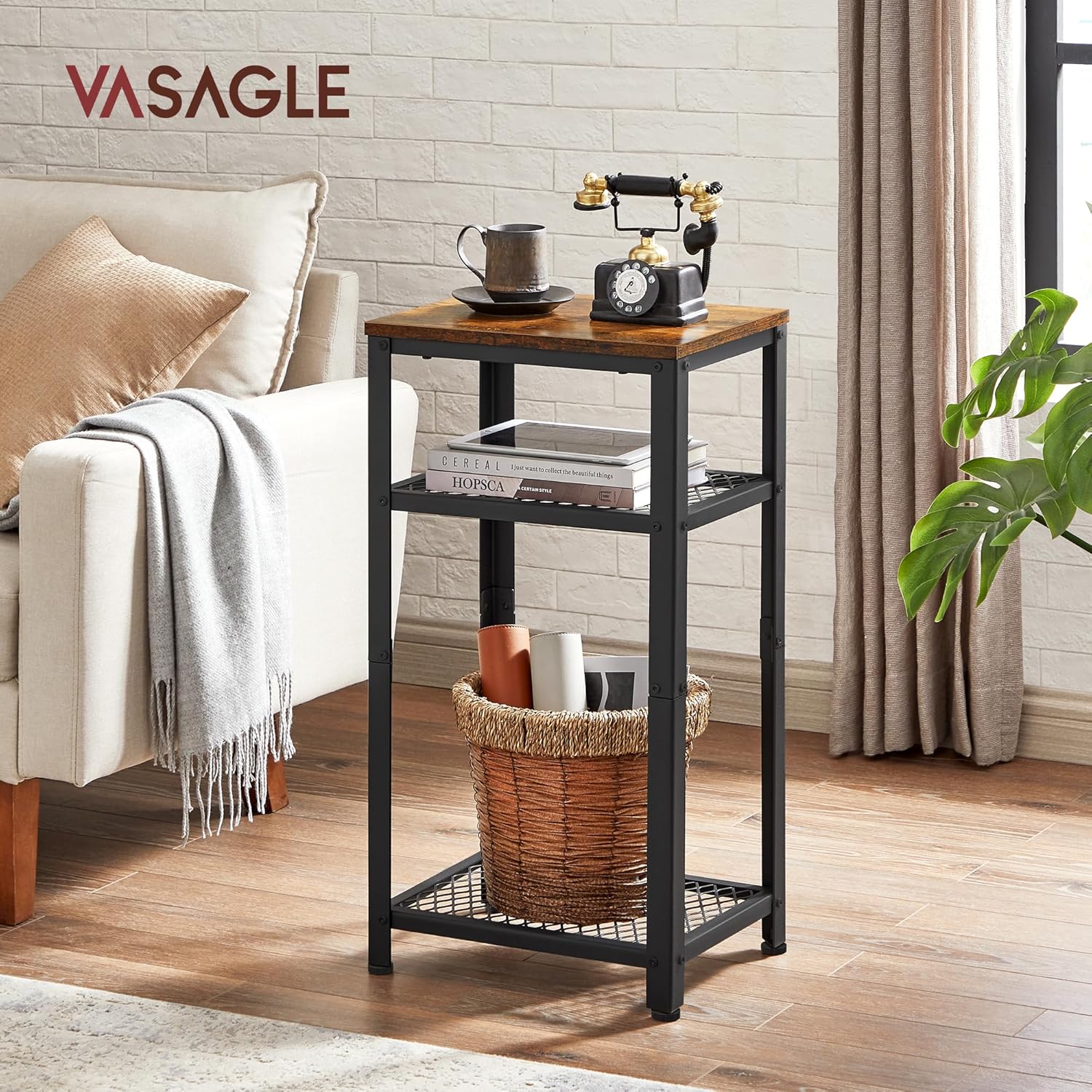 VASAGLE Oldalas asztal 40x30x75 cm, 2 rácsos polccal és asztallappal, acél és forgácslap, rusztikus barna és fekete - Image 2
