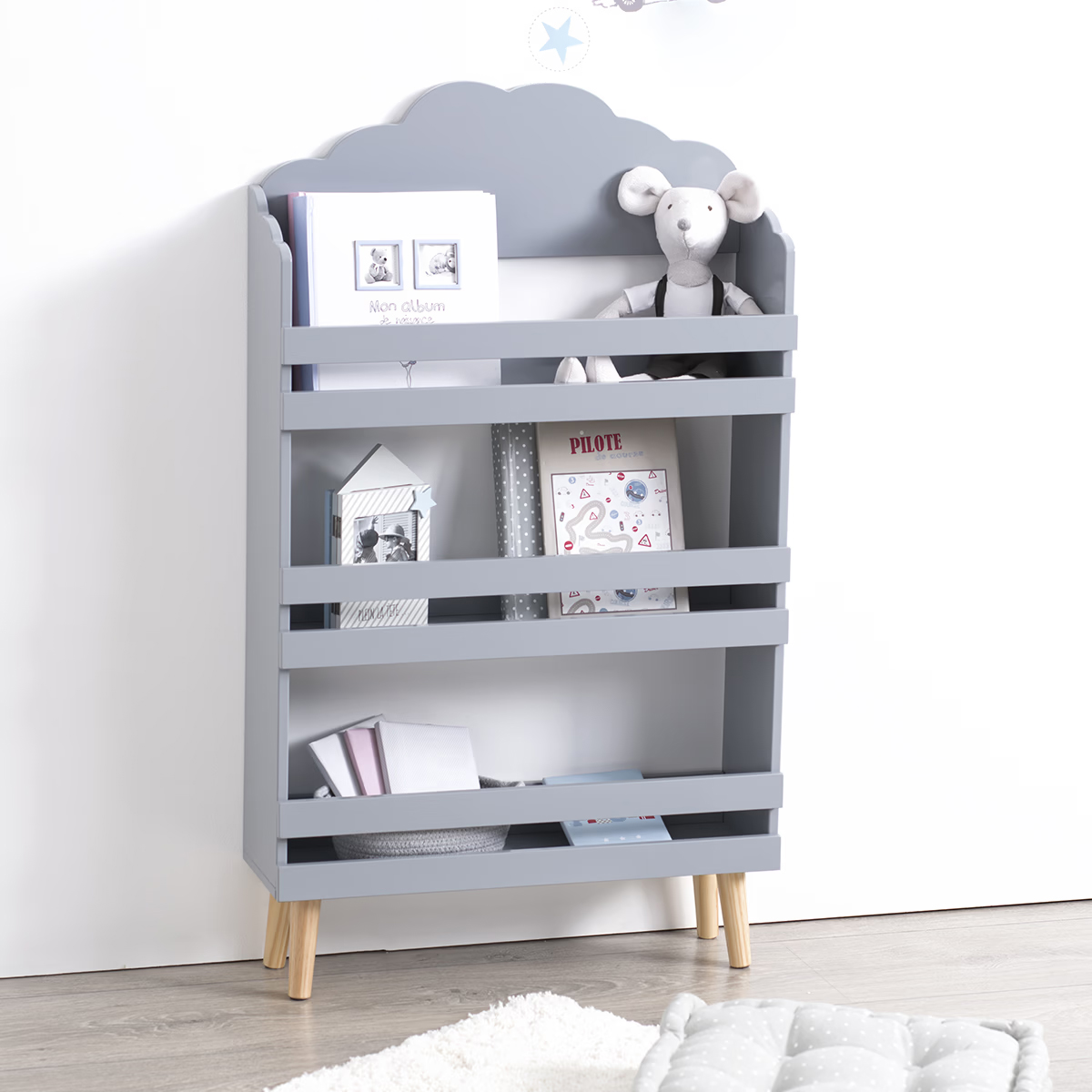 Atmosphera Nuage gyerekkönyvtár MDF-ből, 3 polccal és fa lábakkal, 58x100 cm, szürke - Image 2