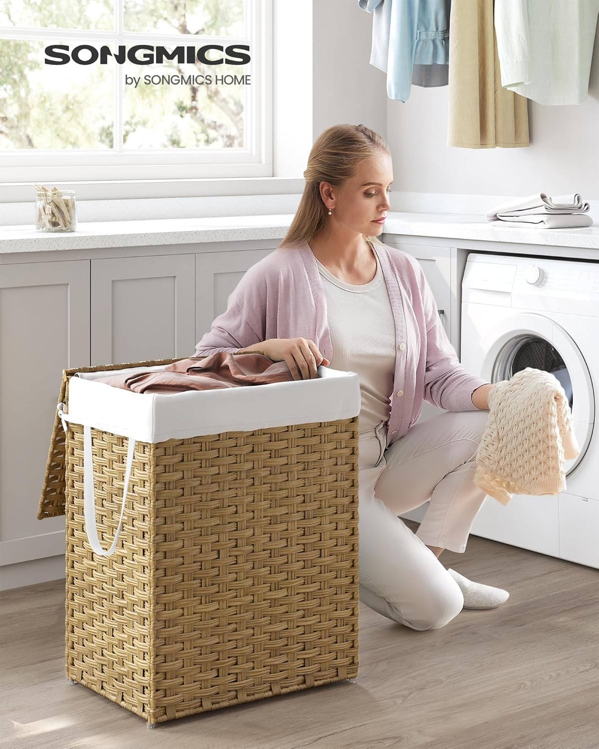 SONGMICS szennyeskosár fedéllel, szintetikus rattan és levehető belső zsák, 90 l, 46x33x60 cm, natúr - Image 2