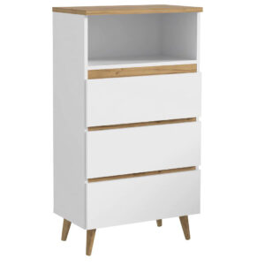 Norge 03 könyves komód 3 fiókkal és nyitott polccal, 65x37x119 cm, fehér és craft tölgy