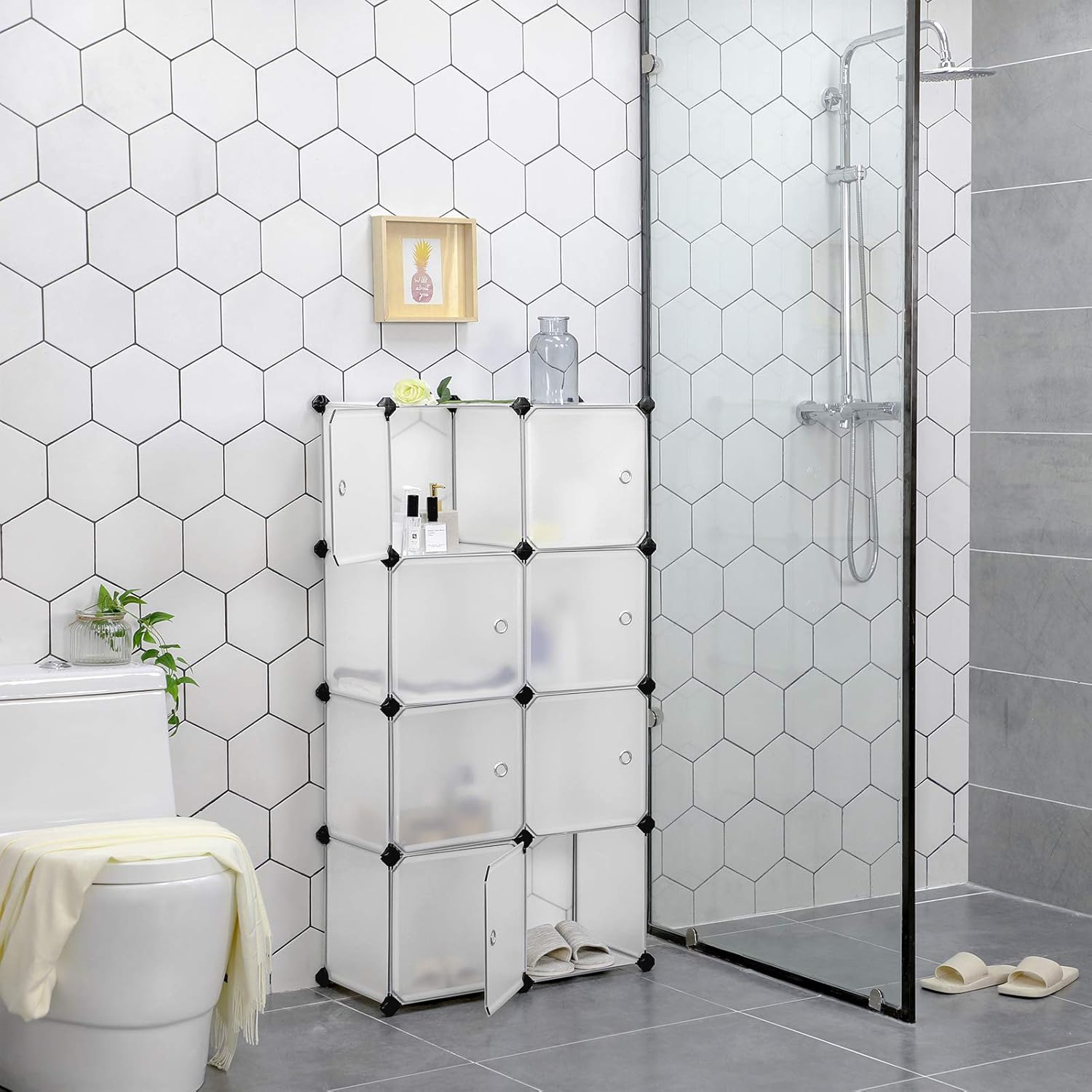 SONGMICS moduláris tárolószekrény 9 ajtós kockával, műanyag és fémváz, 93x31x93 cm, fehér - Image 3