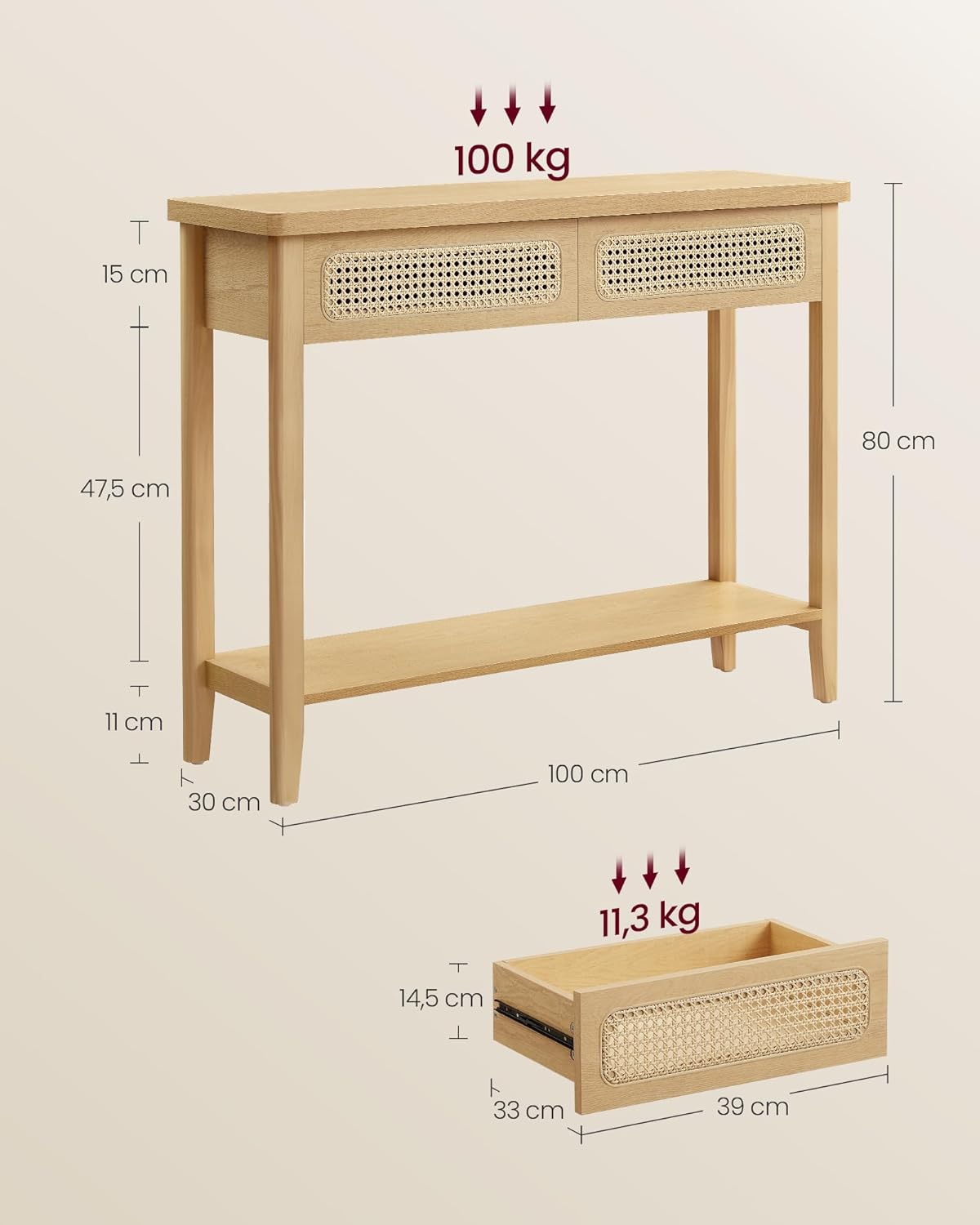 VASAGLE Előszobai konzolasztal, 2 fiókkal, nyitott polccal, lekerekített sarkokkal, bohó stílusban, MDF és PVC rattan, 100x30x80 cm, tölgy–bézs - Image 3