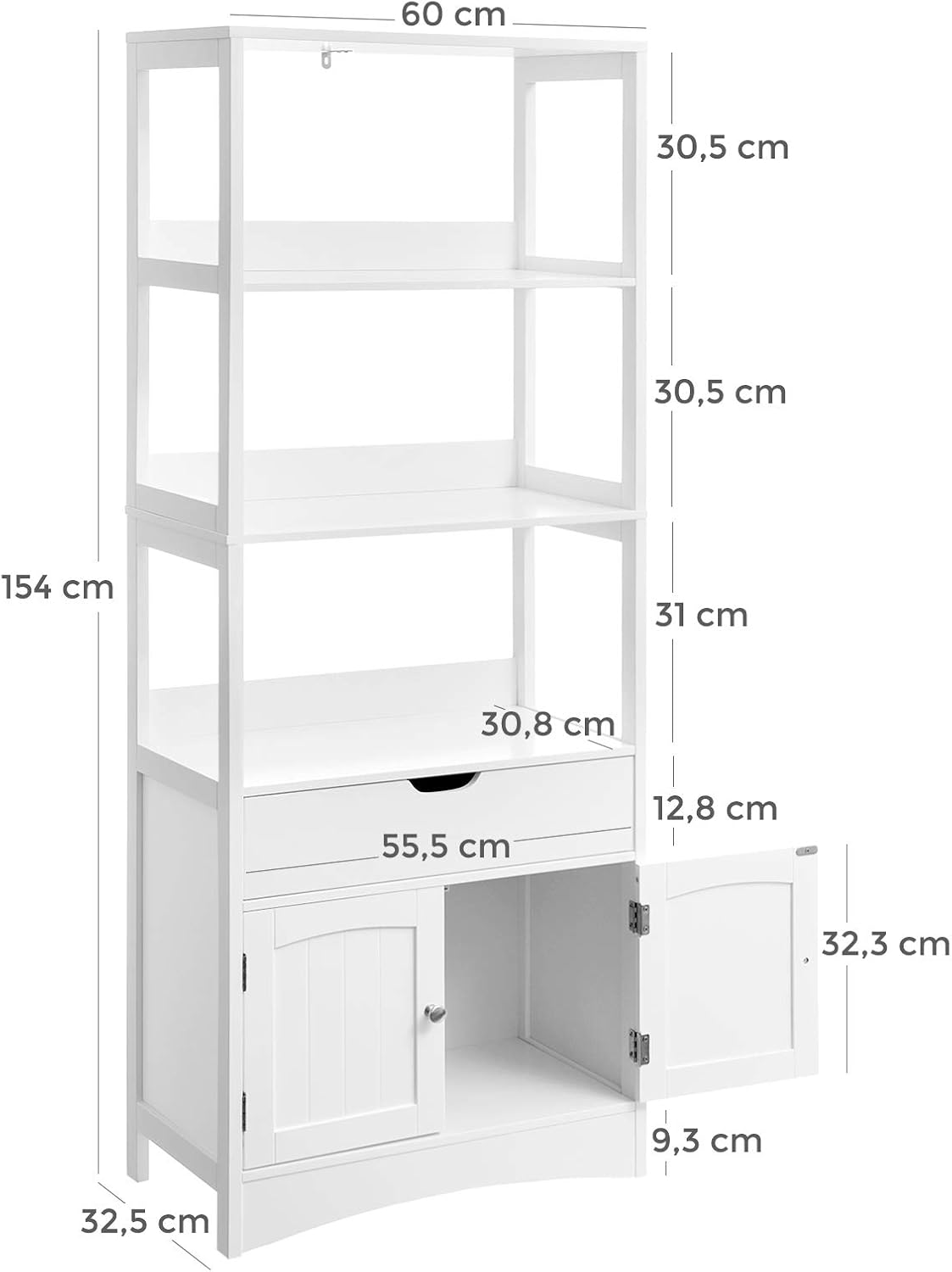 VASAGLE magas fürdőszobaszekrény 3 polccal, 1 fiókkal és 1 ajtós szekrénnyel, MDF-ből, 60x33x154 cm, fehér - Image 3