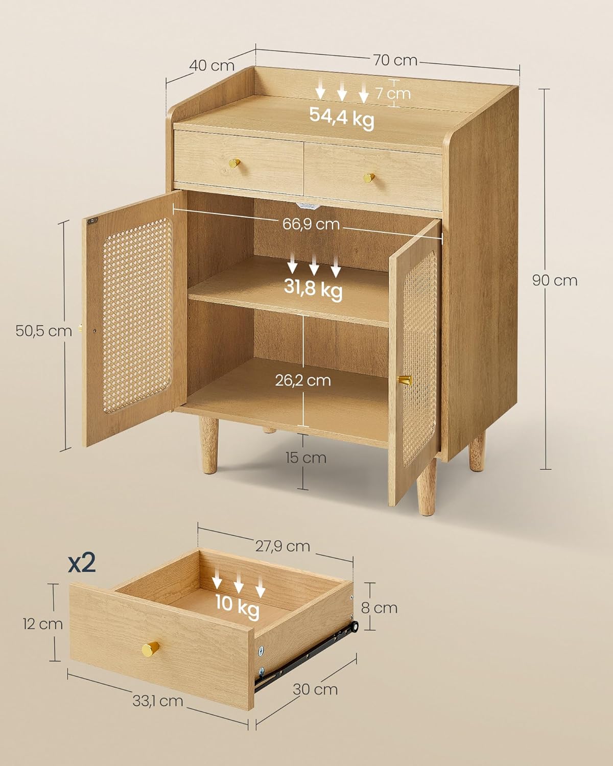 SONGMICS szekrény 70 × 40 × 90 cm, 2 fiókkal, állítható polccal és dupla ajtóval, MDF és tömörfa, boho stílus, bézs tölgy - Image 3