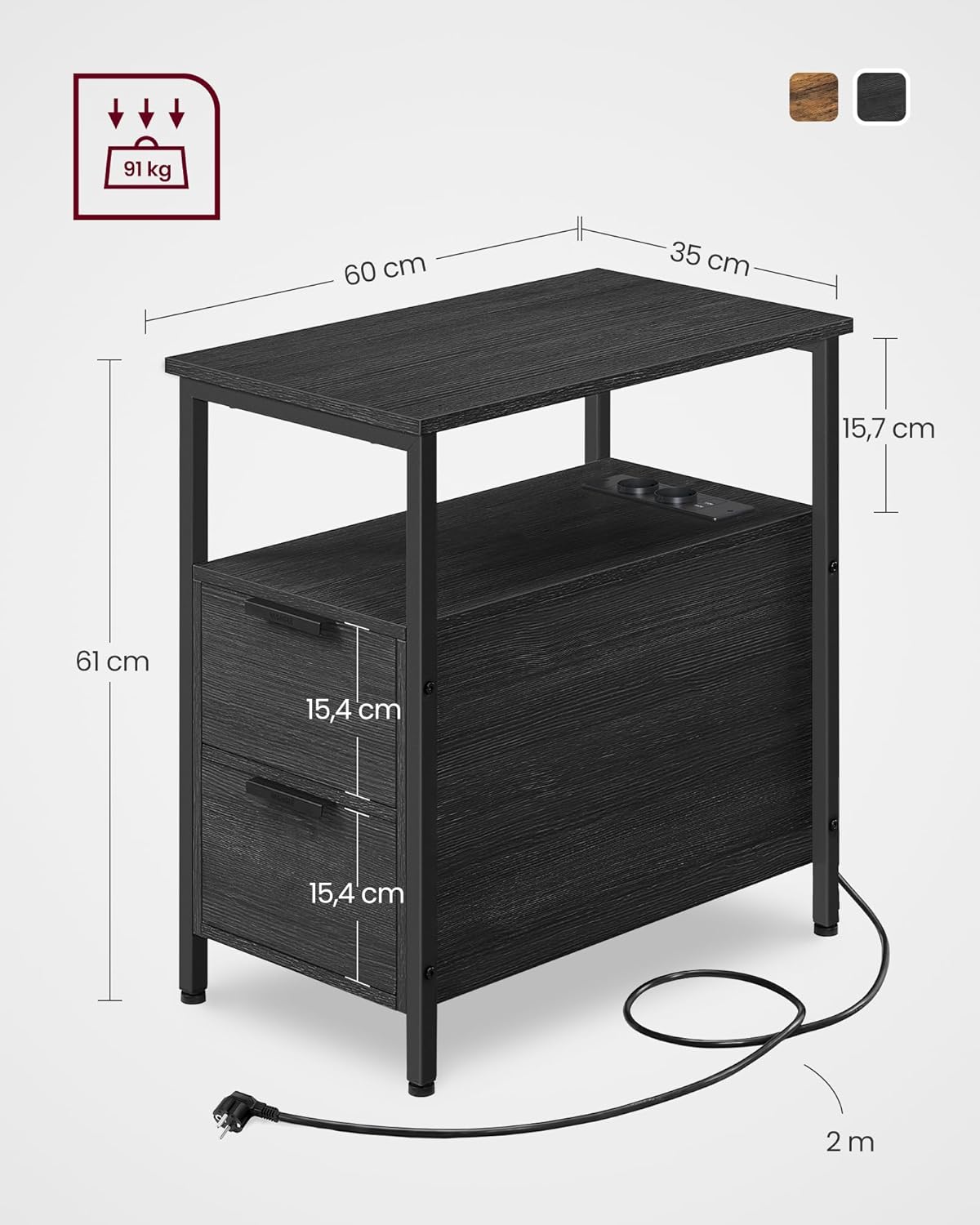 VASAGLE éjjeliszekrény 60×35×61 cm, 2 fiókkal, polcokkal és beépített konnektorral, forgácslap és acél, antracit szürke és fekete - Image 4