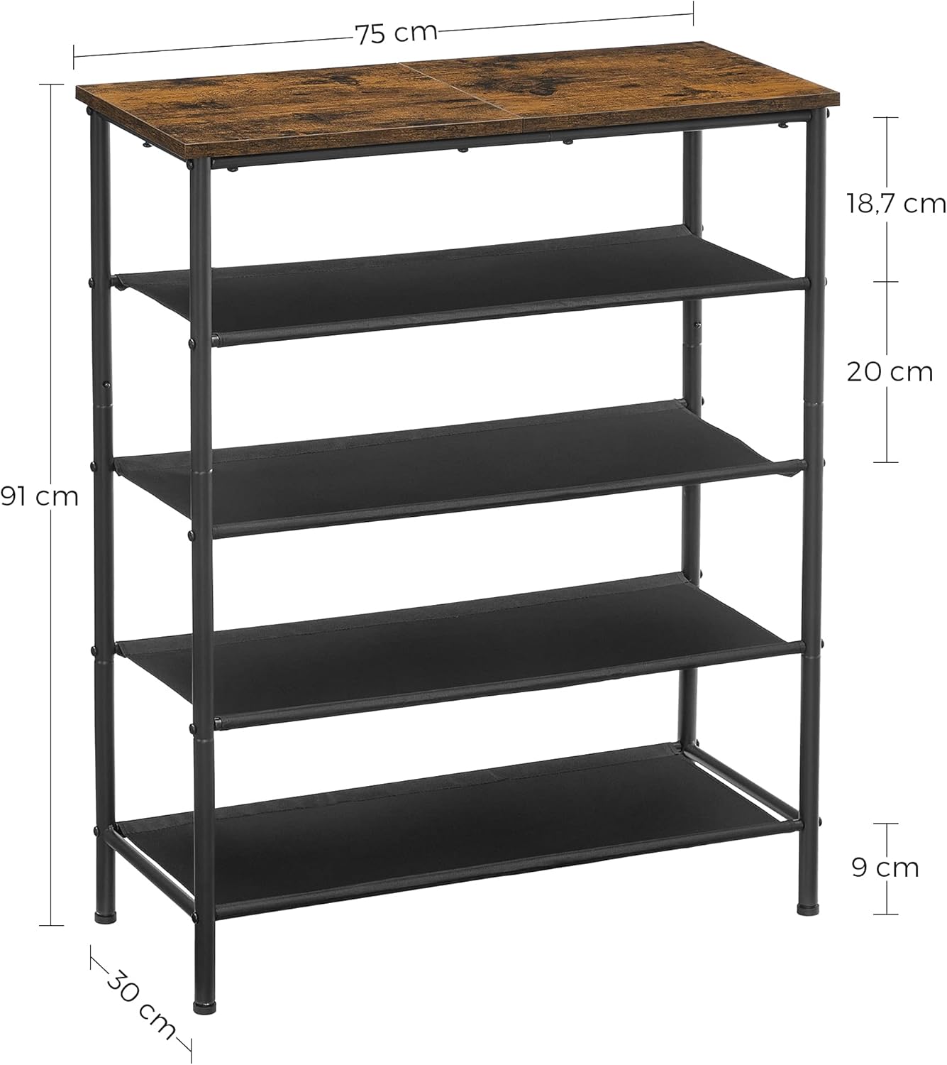 VASAGLE cipőtartó állvány, 75x30x91 cm, 5 szintes, textilpolcokkal és forgácslap tetőlappal, fém vázzal, rusztikus barna és fekete - Image 3