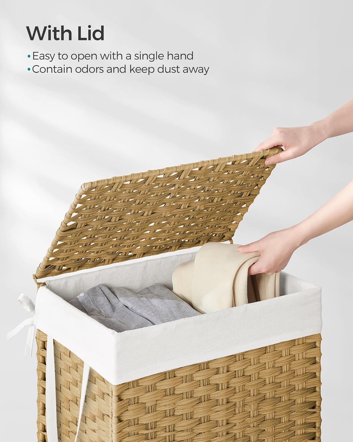 SONGMICS szennyeskosár fedéllel, szintetikus rattan és levehető belső zsák, 90 l, 46x33x60 cm, natúr - Image 3