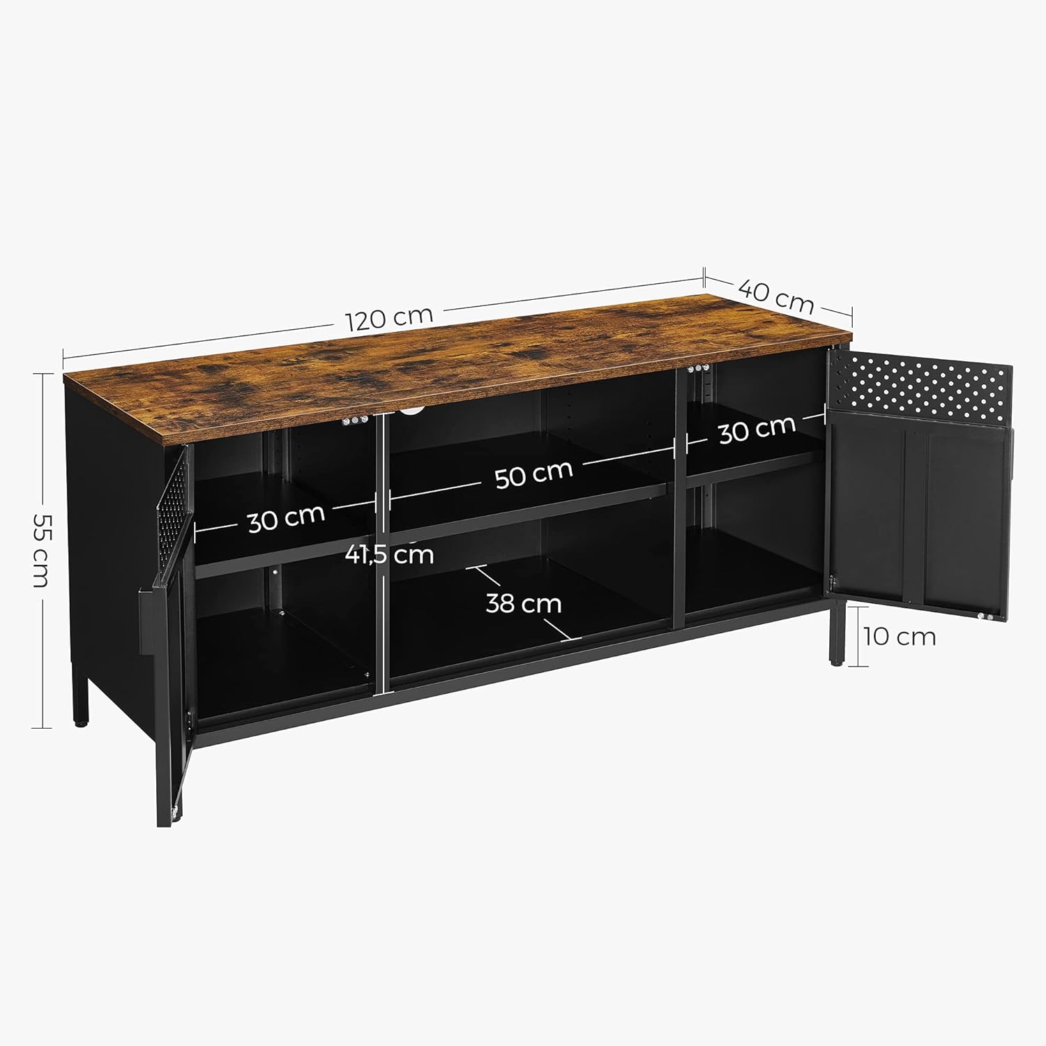 SONGMICS TV-szekrény 120×40×55 cm, 3 állítható polccal, 2 ajtóval, vintage stílus, forgácslap és acél, matt barna–fekete - Image 3