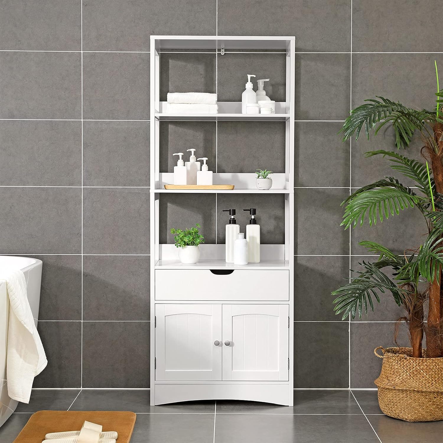 VASAGLE magas fürdőszobaszekrény 3 polccal, 1 fiókkal és 1 ajtós szekrénnyel, MDF-ből, 60x33x154 cm, fehér - Image 4
