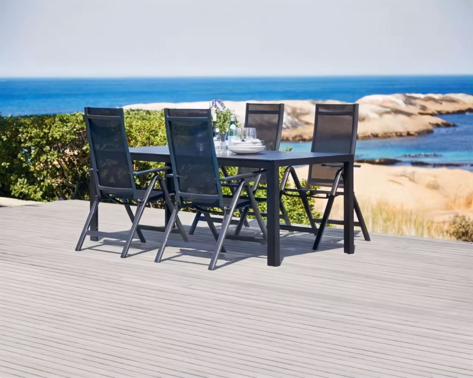 4 darabos kerti szék szett, 70x57x106 cm, összecsukható, 7 fokozatban állítható háttámlával, acélvázzal és textilén huzattal, fekete színben - Image 4