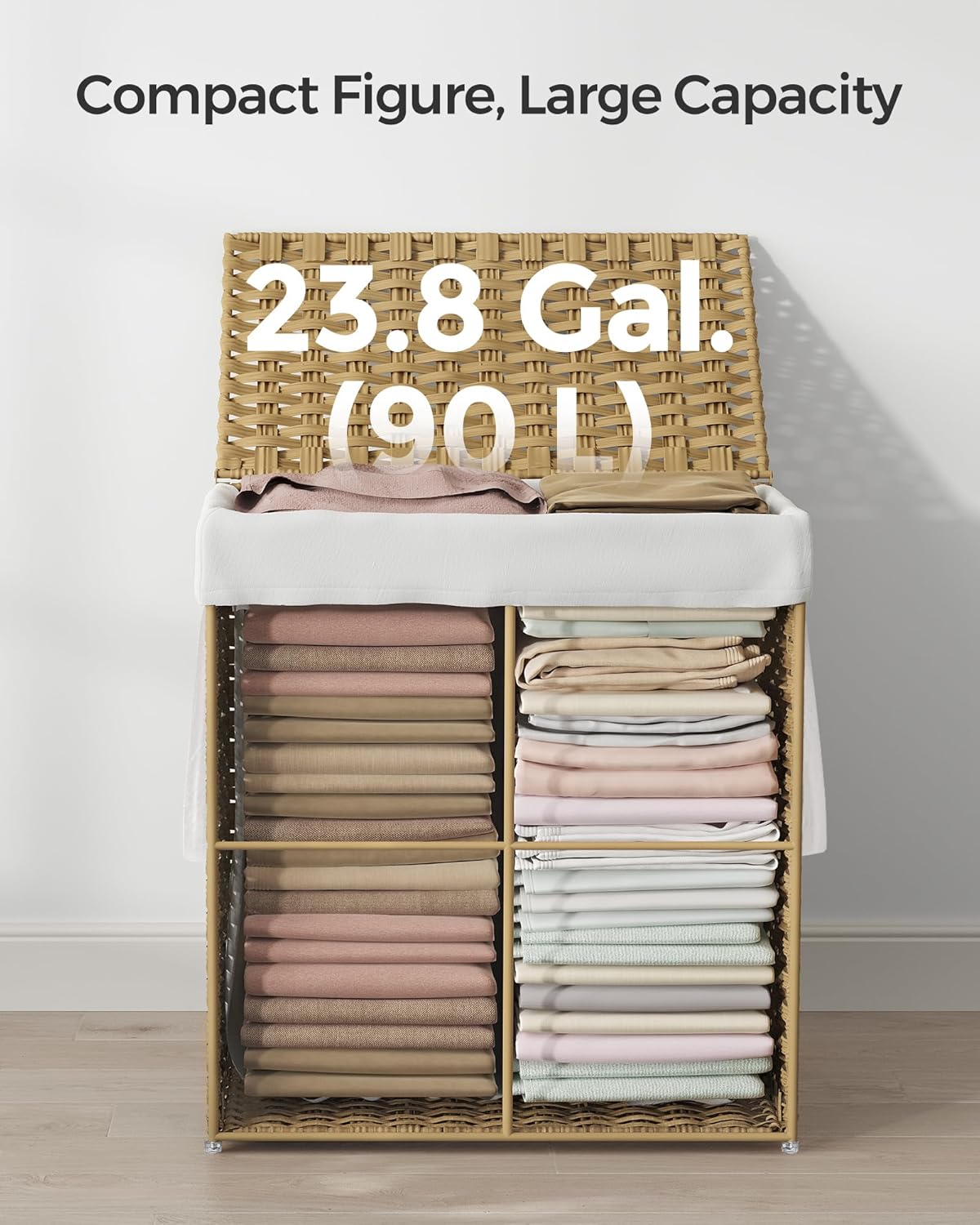 SONGMICS szennyeskosár fedéllel, szintetikus rattan és levehető belső zsák, 90 l, 46x33x60 cm, natúr - Image 4