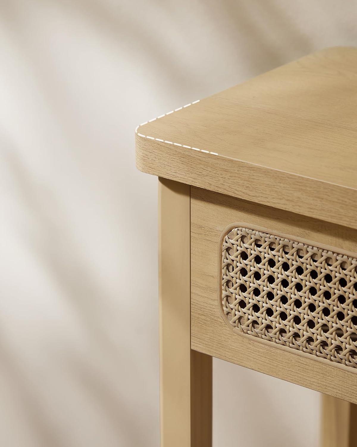 VASAGLE Előszobai konzolasztal, 2 fiókkal, nyitott polccal, lekerekített sarkokkal, bohó stílusban, MDF és PVC rattan, 100x30x80 cm, tölgy–bézs - Image 5